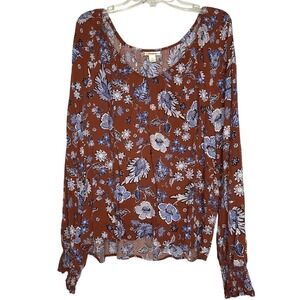 A.N.A. Womens Floral Blouse Rust Brown Blue Long Sleeve Cuff Peasant Top Sz L